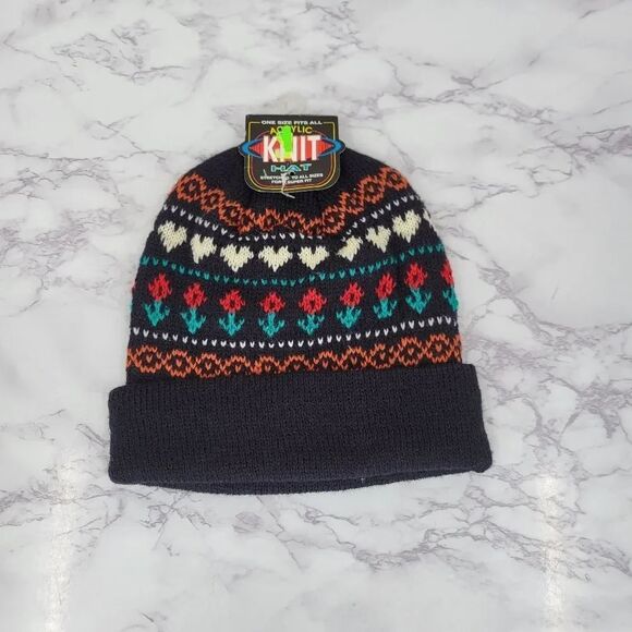 Vintage Accessories - Vintage 90s Deadstock Beanie with Floral Faux Fair Isle Pattern Black NEW